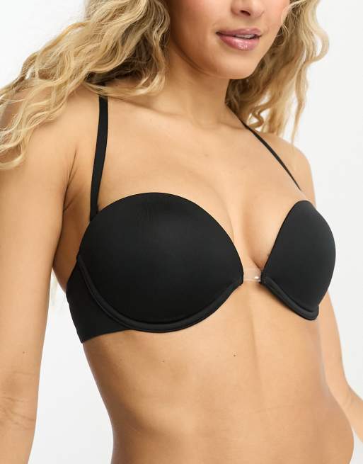 ASOS DESIGN - Reggiseno sagomato in microfibra nero con spalline multiposizione e trasparente al centro, 3 di 4