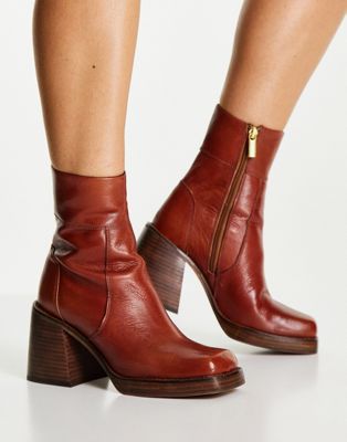 ASOS DESIGN Region leather mid-heel boots in tan - ASOS Price Checker