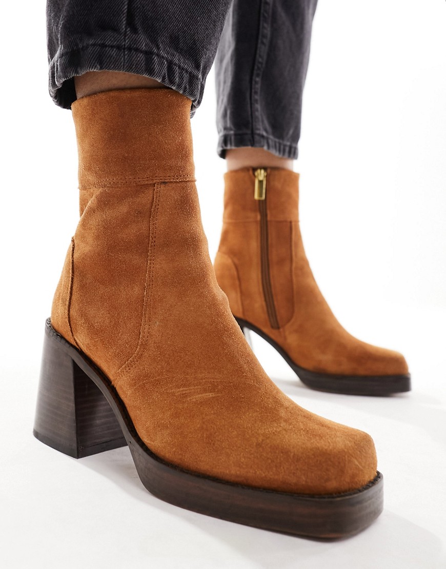 Asos Design Wide Fit Region Suede Mid-heel Boots In Tan-brown