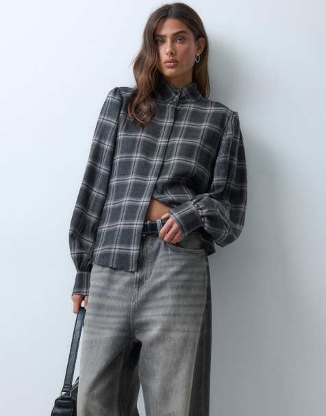 ASOS DESIGN reglan canoon sleeve funnel neck shirt in check - view 1