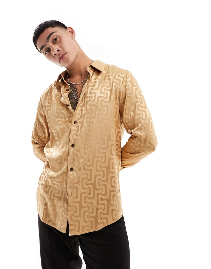 ASOS DESIGN regular 70s collar shirt in satin jacquard in bronze-Brown