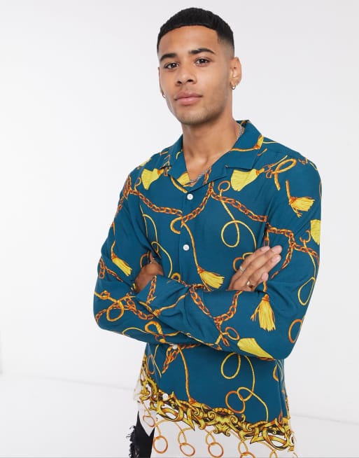 ASOS DESIGN regular border print shirt with baroque detail in green