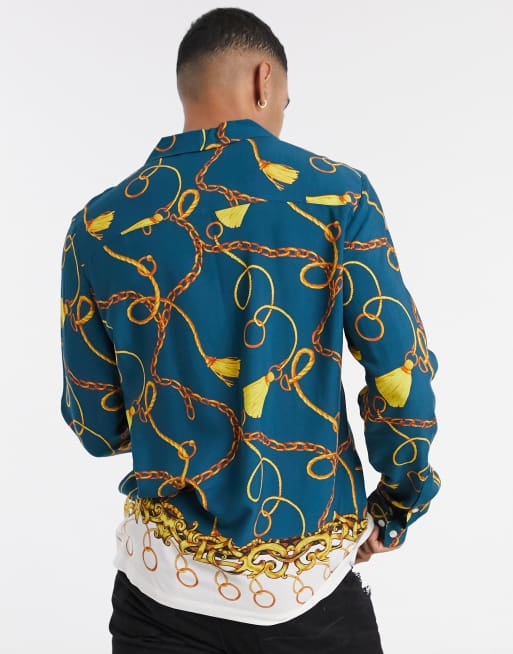 ASOS DESIGN regular border print shirt with baroque detail in green, 2 of 4