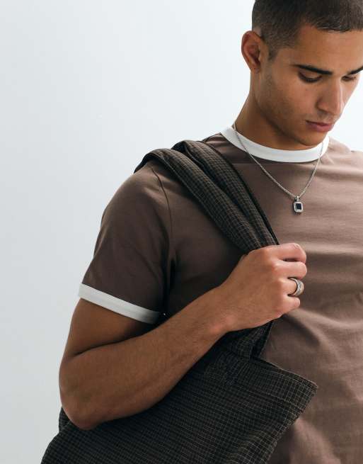 ASOS DESIGN regular boxy  ringer t-shirt with bubble text graphic in brown, 3 of 5