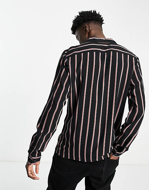 ASOS DESIGN regular camp collar black viscose striped shirt