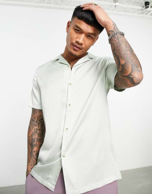 ASOS DESIGN regular camp collar satin shirt in mint green | ASOS