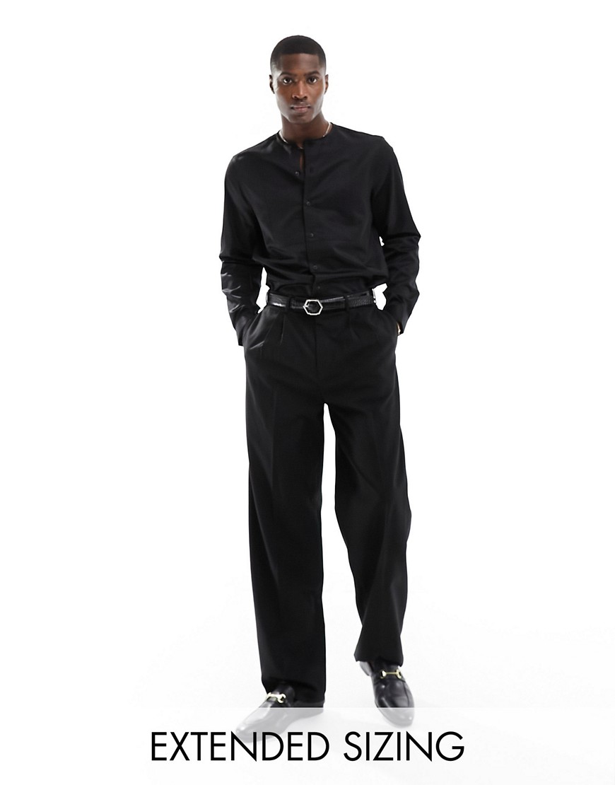 ASOS DESIGN regular collarless shirt in sateen in black