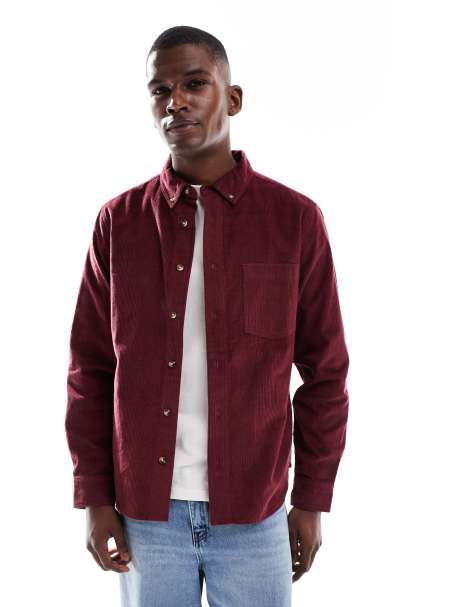 ASOS DESIGN regular cord shirt in burgundy - view 1