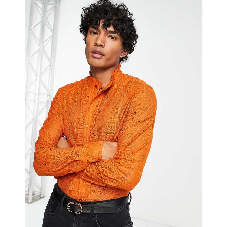 ASOS DESIGN regular crochet shirt with 70s ruffle front in orange