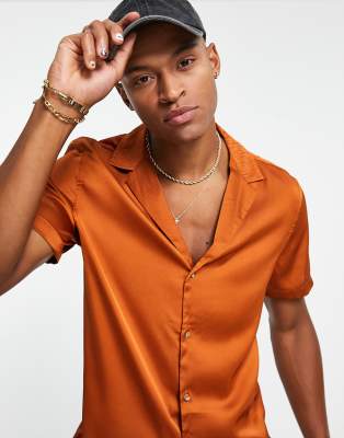 ASOS DESIGN regular deep revere satin shirt in copper