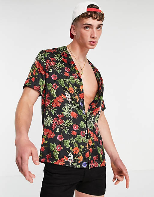 Men regular deep revere shirt in satin floral 