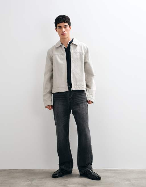 ASOS DESIGN regular denim harrington in gray with fleck, 3 of 5