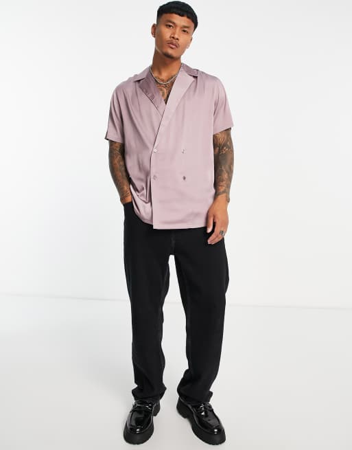 ASOS DESIGN regular double breasted satin shirt in dusty pink ASOS