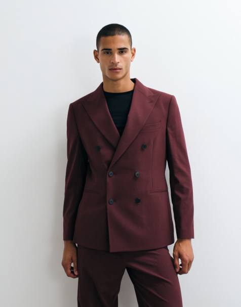 ASOS DESIGN regular double breasted suit blazer in burgundy - view 1