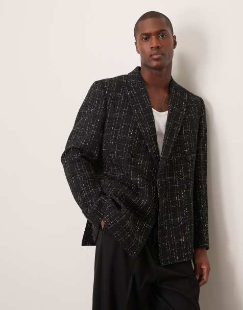ASOS DESIGN regular double breasted suit jacket in black and white crosshatch texture - view 1