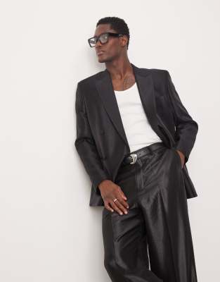 Asos Design Regular Double Breasted Suit Jacket In Black Metallic Satin