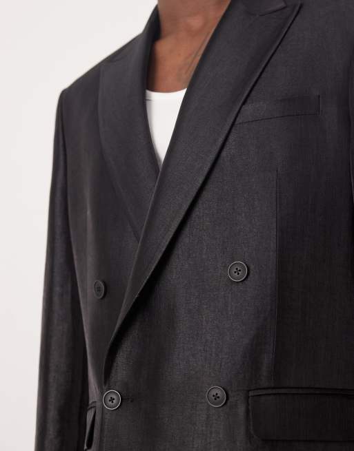 ASOS DESIGN regular double breasted suit jacket in black metallic satin ASOS