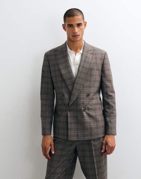 ASOS DESIGN regular double breasted suit jacket in brown glen plaid - view 1