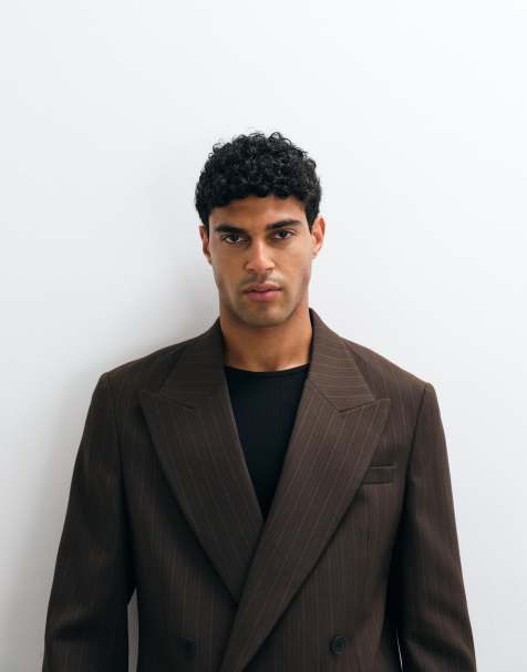 ASOS DESIGN regular double breasted suit jacket in brown stripe - view 1