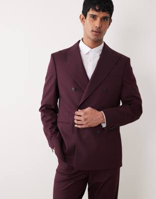 ASOS DESIGN regular double breasted suit jacket in burgundy-Red