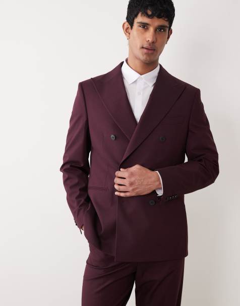 ASOS DESIGN regular double breasted suit jacket in burgundy - view 1