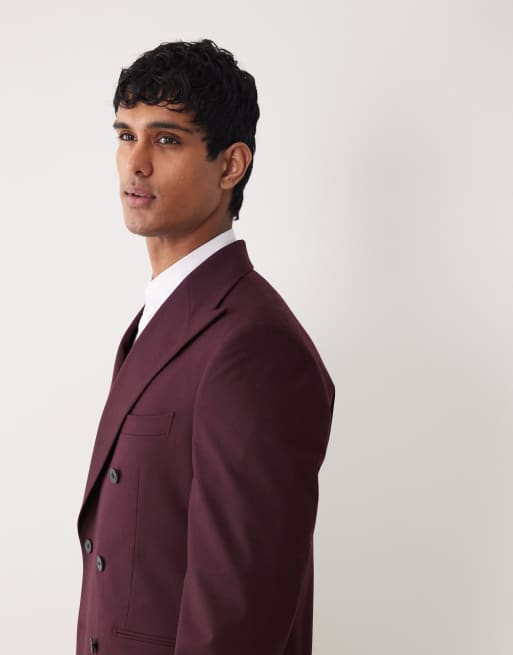 ASOS DESIGN regular double breasted suit jacket in burgundy, 3 of 5