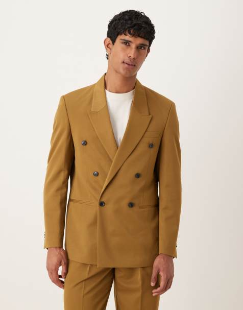 ASOS DESIGN regular double breasted suit jacket in camel twill - view 1