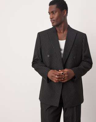 ASOS DESIGN regular double breasted suit jacket in metallic black pinstripe