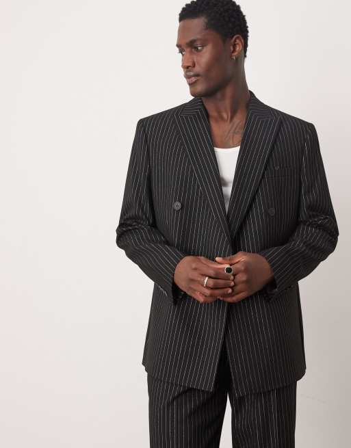 ASOS DESIGN regular double breasted suit jacket in metallic black pinstripe ASOS