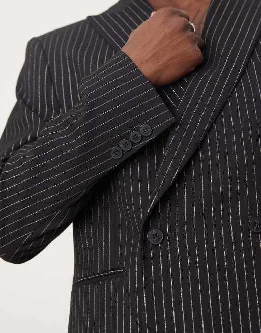 ASOS DESIGN regular double breasted suit jacket in metallic black pinstripe, 3 of 5