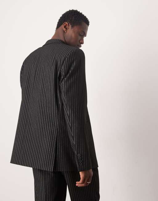 ASOS DESIGN regular double breasted suit jacket in metallic black pinstripe, 4 of 5