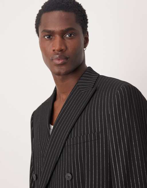 ASOS DESIGN regular double breasted suit jacket in metallic black pinstripe, 5 of 5