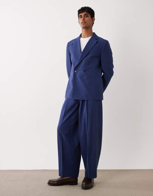 ASOS DESIGN regular double breasted suit jacket in navy slub texture, 2 of 5