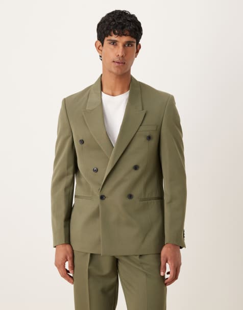 ASOS DESIGN regular double breasted suit jacket in olive twill - view 1