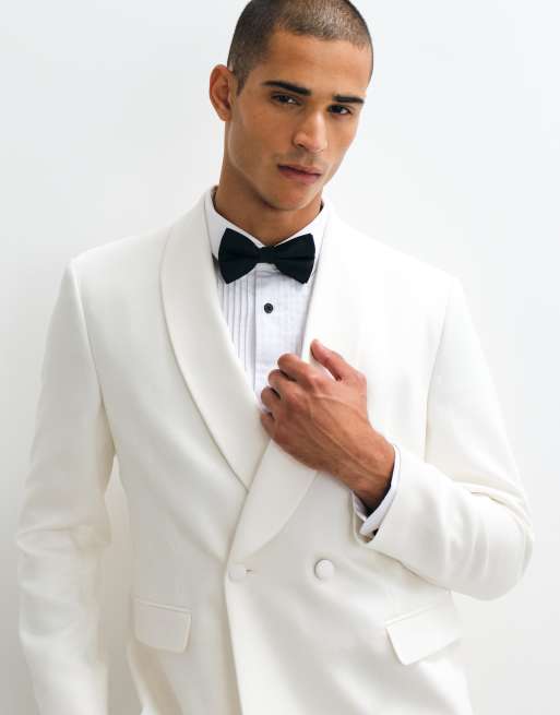 ASOS DESIGN regular double breasted tuxedo suit jacket in ivory white, 3 of 5