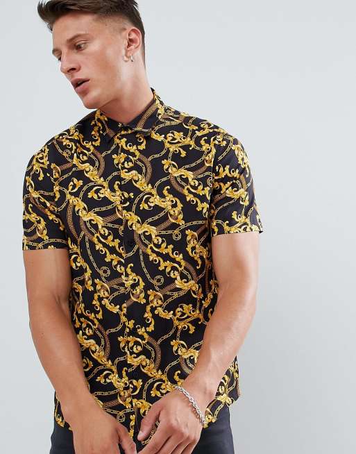 ASOS DESIGN regular fit baroque chain print shirt in black | ASOS
