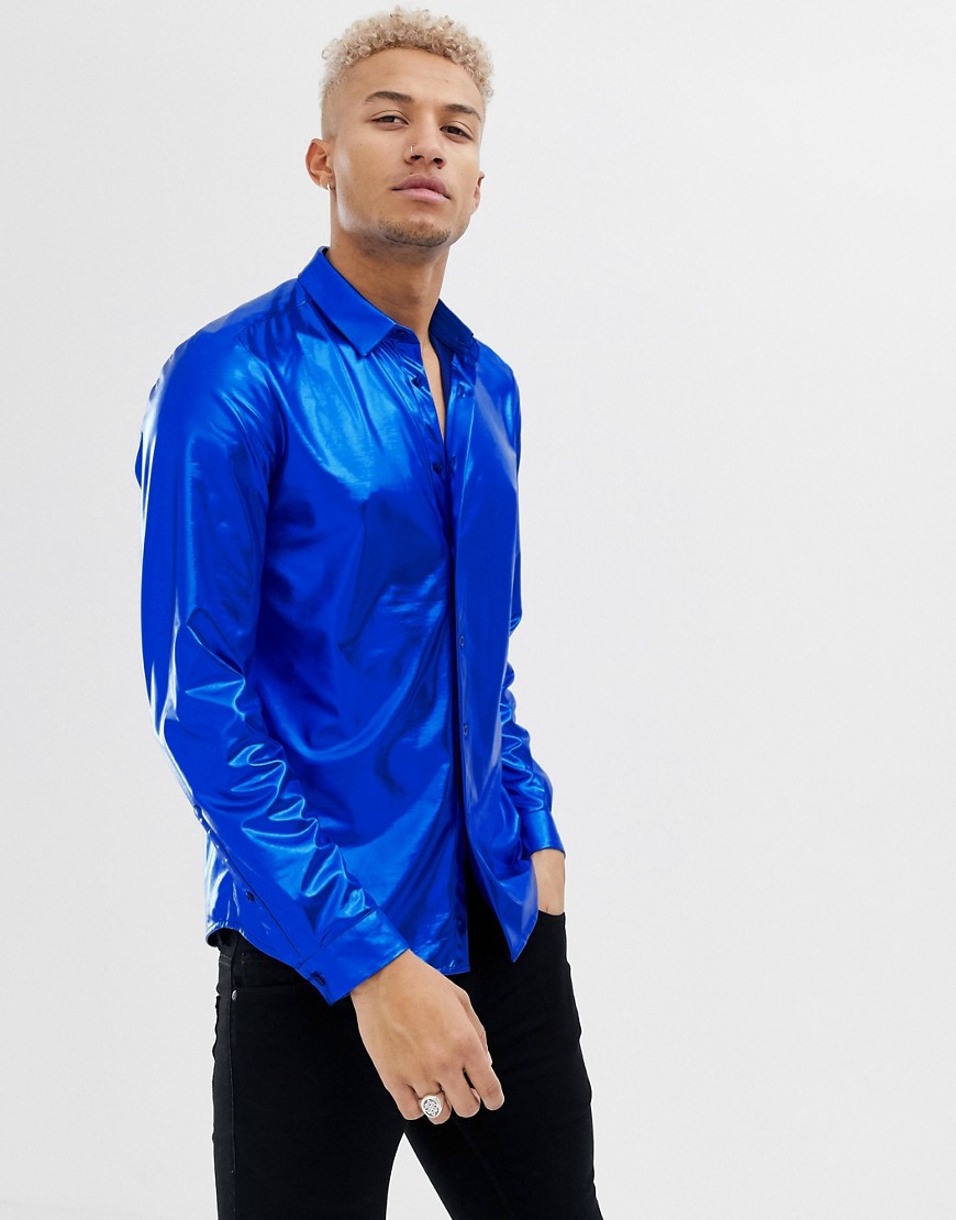 ASOS DESIGN – regular fit blå metallic skjorta