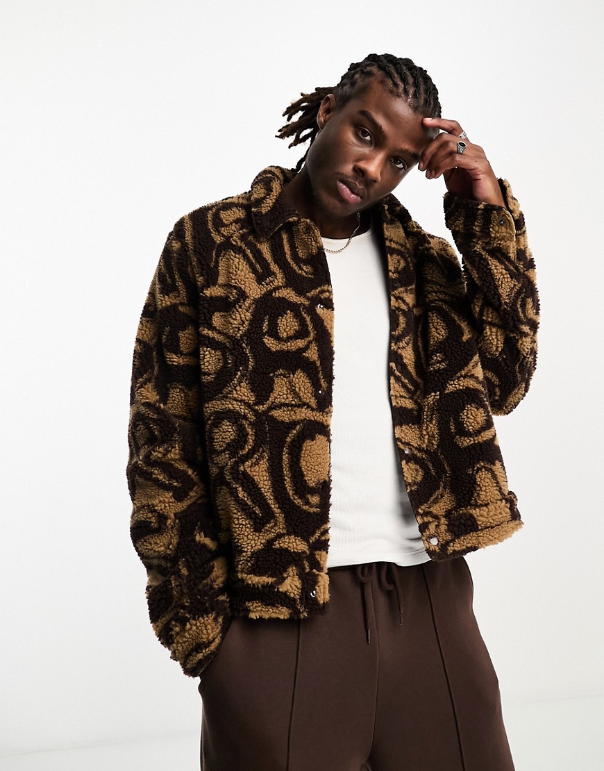 ASOS DESIGN regular fit borg western jacket in borg with swirl print in brown