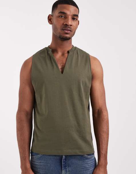 ASOS DESIGN regular fit boxy oversized tank with v neck in khaki - view 1