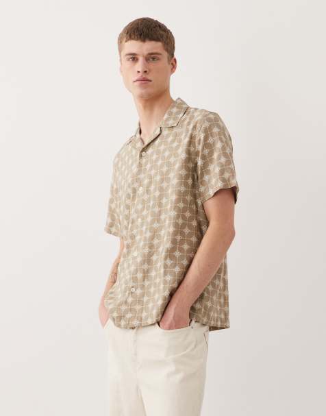 ASOS DESIGN regular fit camp collar linen blend shirt with geo print in brown - view 1