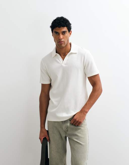 ASOS DESIGN regular fit camp collar polo shirt in cream waffle knit, 4 of 5