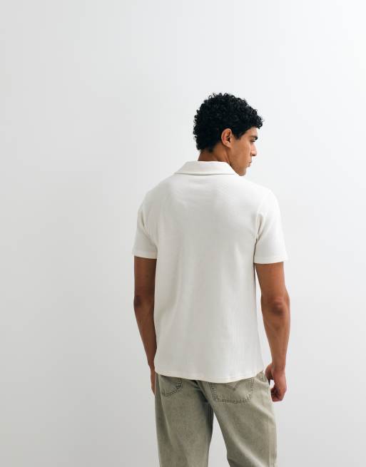 ASOS DESIGN regular fit camp collar polo shirt in cream waffle knit, 5 of 5
