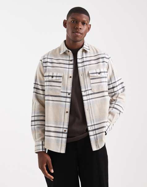ASOS DESIGN regular fit check shirt in beige - view 1