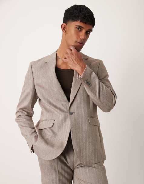 ASOS DESIGN - Regular-fit colbert met visgraatmotief in lichtbruin - view 1