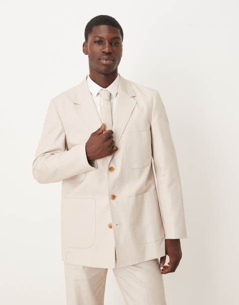 ASOS DESIGN - Regular-fit colbert van katoen en linnen keperstof in stone - view 1