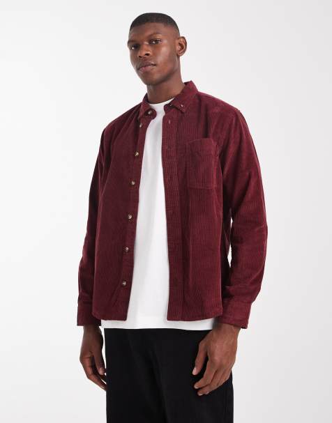 ASOS DESIGN regular fit cord shirt in burgundy - view 1