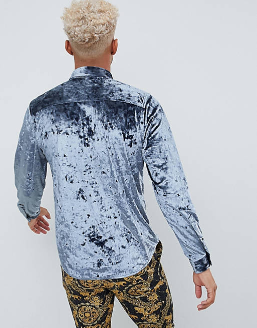 ASOS DESIGN regular fit crushed velvet shirt in blue
