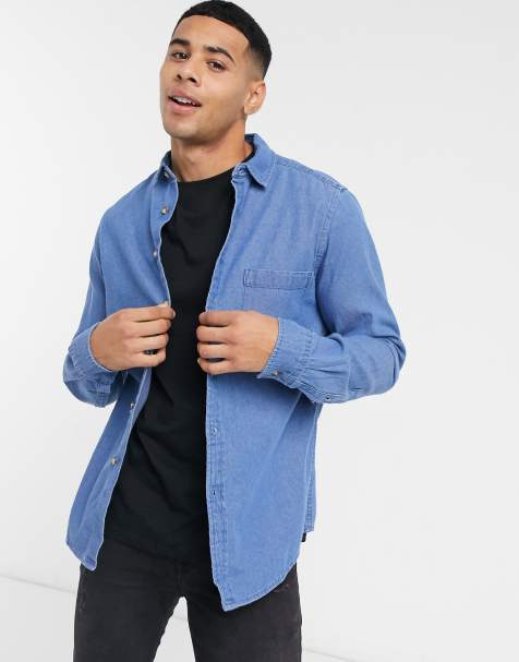 ASOS DESIGN regular fit denim shirt in mid wash - MBLUE - view 1