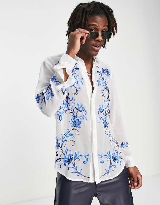 ASOS DESIGN - Regular-fit doorschijnend overhemd met bloemenborduursel in wit