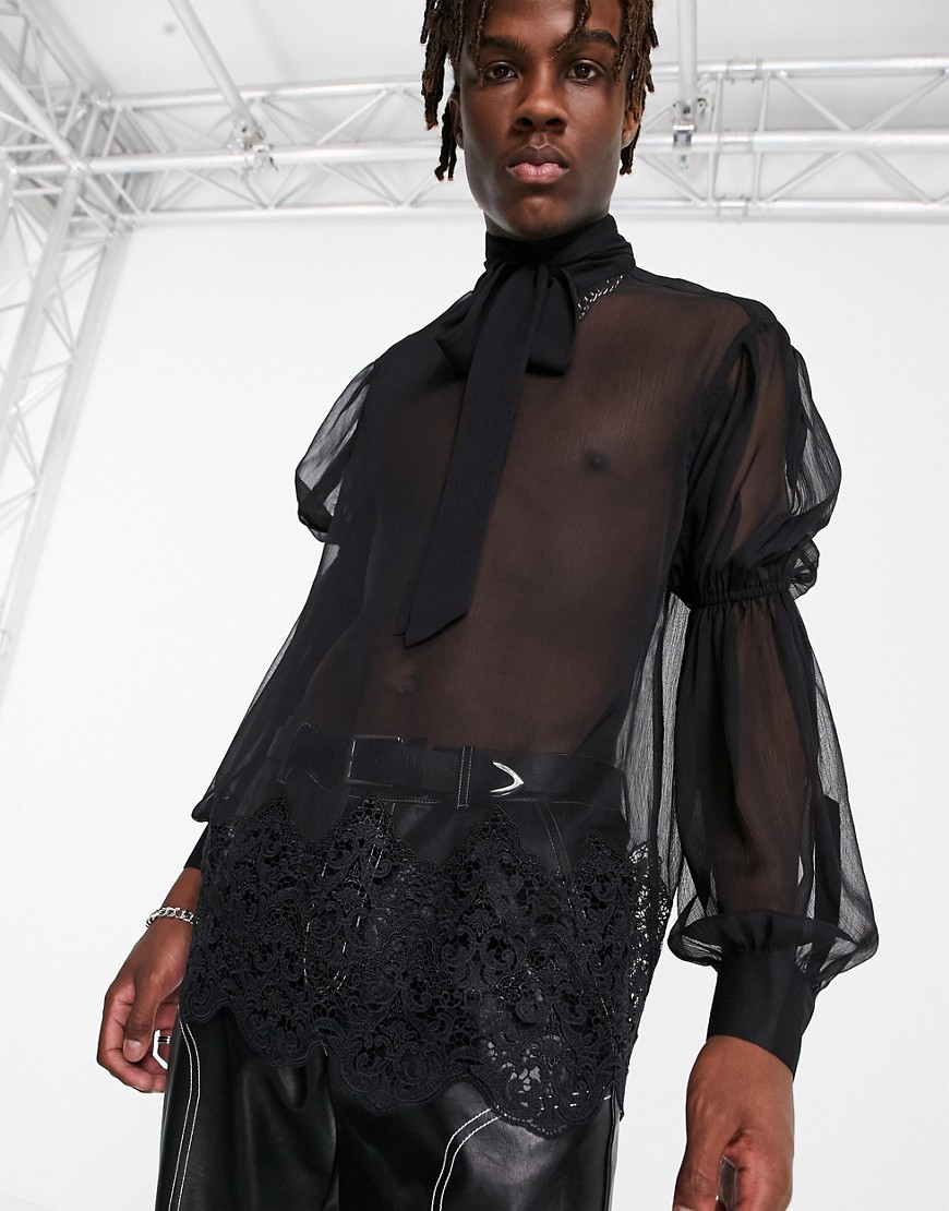 ASOS DESIGN - Regular-fit doorschijnend overhemd met blousonmouwen en kant-Zwart